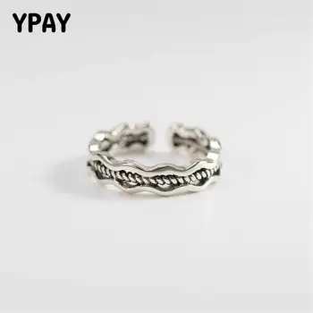 

YPAY Genuine 925 Sterling Silver Open Adjustable Ring for Women Vintage Braided Rope Finger Rings Fine Party Jewelry YMR329