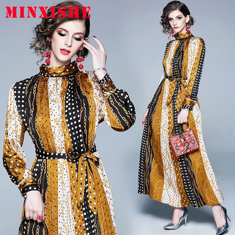 

Autumn Women Dress 2019 Maxi Long Sleeve Standing collar polka dot Pleated Vintage Plus size Elegant Office Party Ladies Dresses