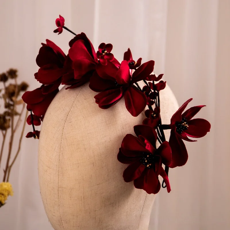 Nuovo vino petali rossi fascia per capelli lato sposa cena di nozze natale capodanno donna abbigliamento per capelli accessori da sposa capelli sposa - immagine 6