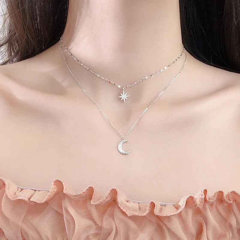 Moon Necklace Wedding-Accessories Clavicle-Chain Fine-Jewelry Star 925-Sterling-Silver