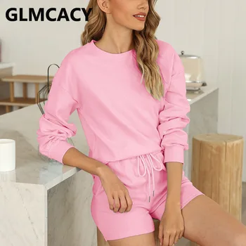 

Women Tie Piece Casual Loungewear Long Sleeve Shirt Top and Drawstring Shorts Set Classy Suits