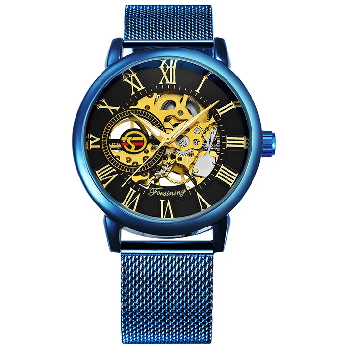 FORSINING, синие мужские часы, Топ бренд, роскошные механические часы со скелетом, мужские Ультра тонкие сетчатые часы с ремешком, модные повседневные наручные часы - Цвет: BLUE BLACK