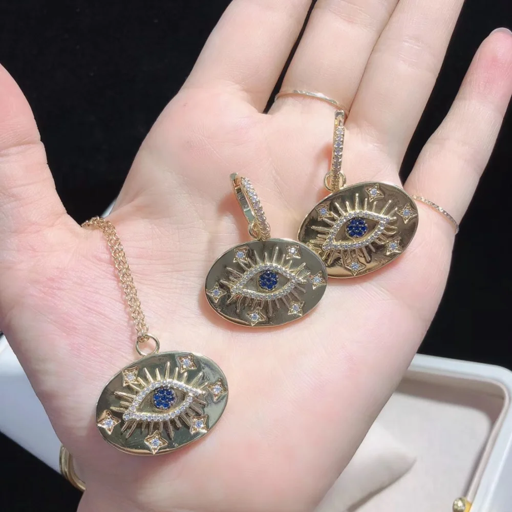 ST01 Evil Eye Charm инкрустация кубическим цирконием серьги/кулон ожерелье золотой Гальванизированный модные серьги модное ожерелье ювелирные изделия