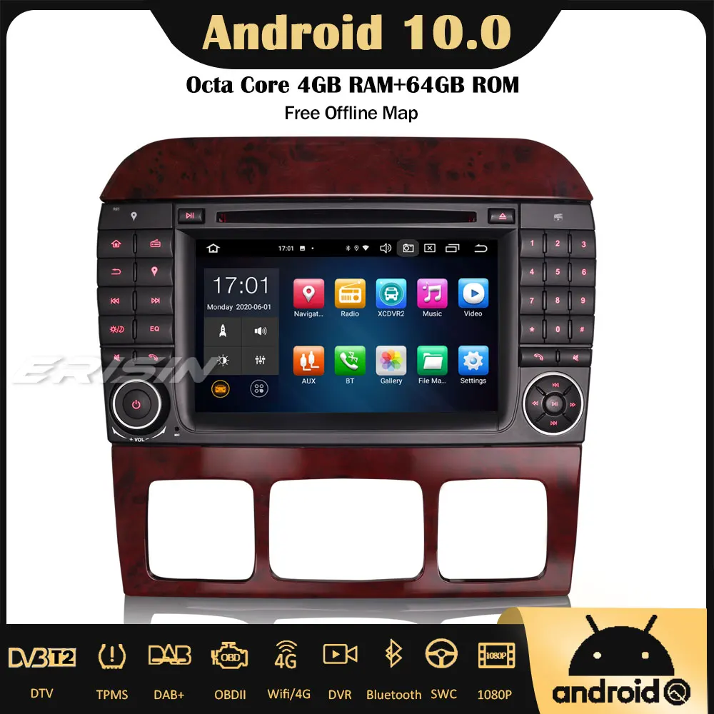 Erisin 8182 Android 10 Авторадио автомобильное Стерео DVD USB 4G GPS DAB + CarPlay OBD2 8-Core для Mercedes Benz S/CL