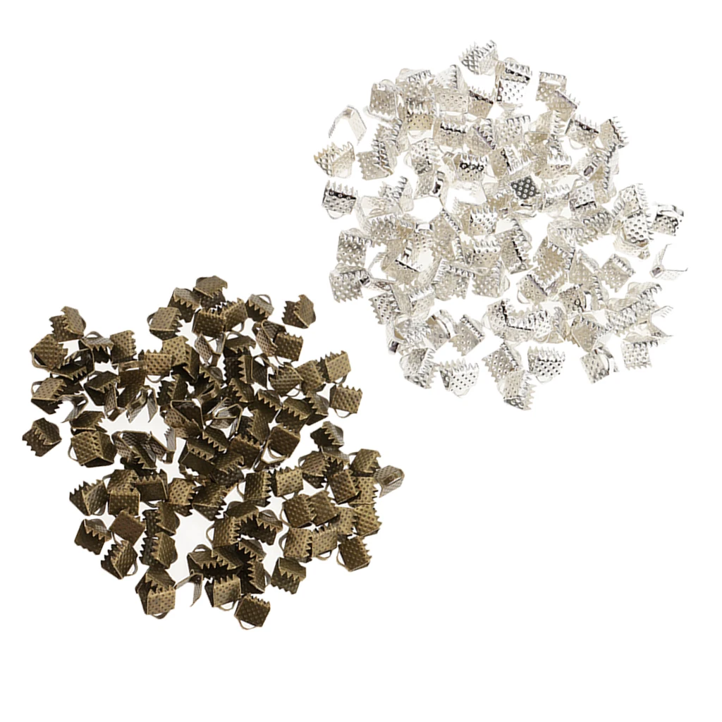 200 Pieces Silver and Bronze Crimp Clasps for DIY Necklace Choker Making Supplies, Flat Cord Ribbon Closure Findings, 0.24inch