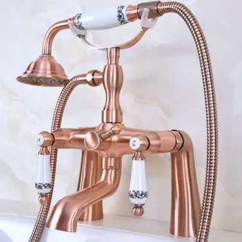 

Bathroom Deck Mounted Shower Faucets Set Bathtub Faucet Water Mixer Tap Antique Red Copper with Hand Shower zna176