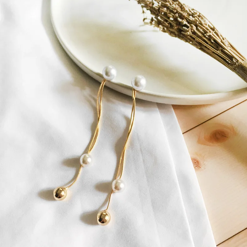 

Smple Women's Long Drop Earrings Gold Color Simulated Pearl Dangle Earrings for Women Female Collier Femme Jewelry
