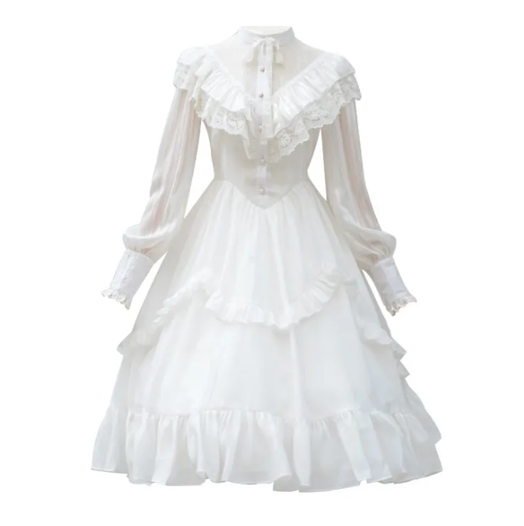 Милое Платье Лолиты в готическом стиле, винтажное Королевское Черное и белое шифоновое кружевное платье принцессы из органзы с длинным рукавом-фонариком для женщин - Цвет: Белый