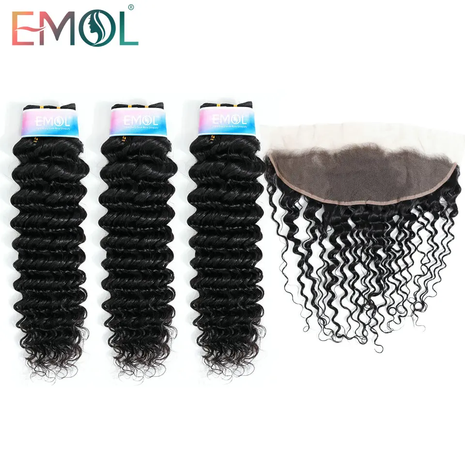

Emol Deep Wave Bundles With Frontal Pervian hair Lace Frontal Closure With Bundle Non Remy Human Hair Bundles With Frontal