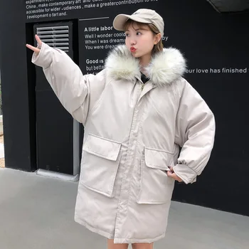 

QIMAGE 2019 WInter Women Coat Long Parkas FemaleBig Fur Thick Warm Winter Parkas Soild Color Plus Size Jacket Women Loose Parkas
