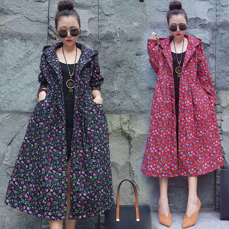 

9570 Photo Shoot New Style Cotton Linen Printed Large Size Brushed And Thick Waist Hugging Hooded Coat Long WOMEN'S Cotton-padde
