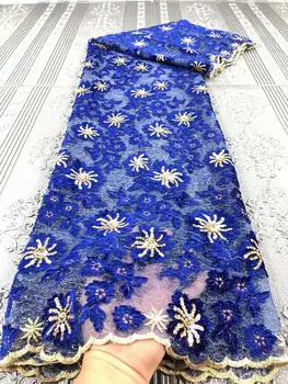 

5 yards Navy blue Handcut African lace fabric beautiful French Velvet garment sewing lace fabric with lots of stones