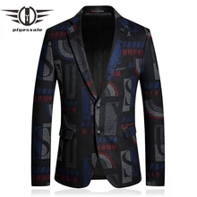 Черный шерстяной Блейзер для мужчин осенний модный шерстяной Блейзер с принтом Пиджак Приталенный Мужской Блейзер Повседневный Terno Masculino Q789