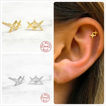 

Real 925 Silver Earrings For Women Gold Zircon Star Earrings Girl Ear Bone Piercing Earring Female Starry aretes R5