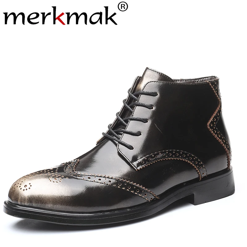

Merkmak Round Toe Men Shoes New Fashion Autumn Male Leather Boots Classic Lace-up Oxfords Booties Warm Big Size Male Ankle Boots
