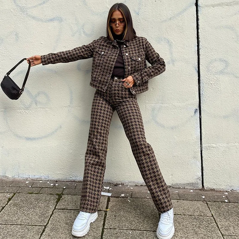 

SpringAutumn Retro British Style 2-piece Fashion Houndstooth Lapel Cardigan Jacket Straight Trousers Casual Streetwear Pant Sets