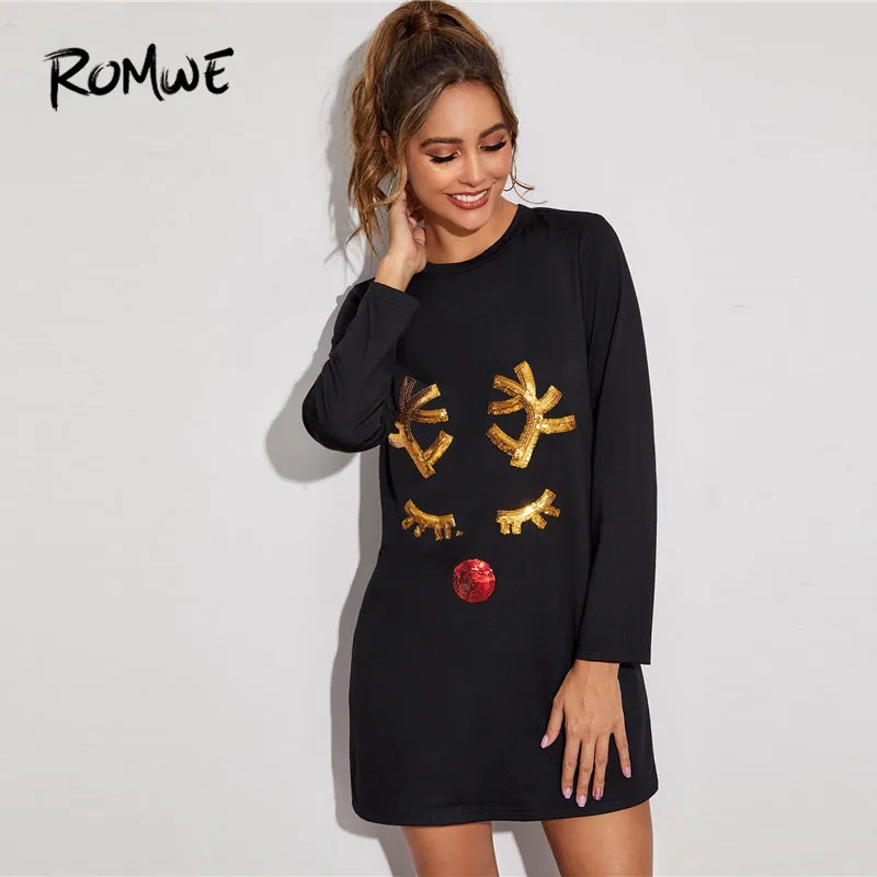 

ROMWE Black Contrast Deer Sequin Dress Women Tshirt Christmas Dress Fall Winter Casual Long Sleeve Dress Ladies Mini Dress