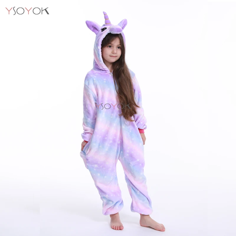 Зимняя Детская Пижама кигуруми с единорогом; Пижама-комбинезон с пандой для мальчиков и девочек; одежда для сна с животными; Фланелевая пижама; детская пижама