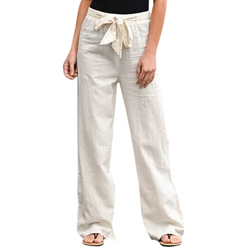

2020 Women Cotton Linen Pants Solid Straight Trousers Ladies Casual Elastic Waist Long Pantalones Mujer With Belt