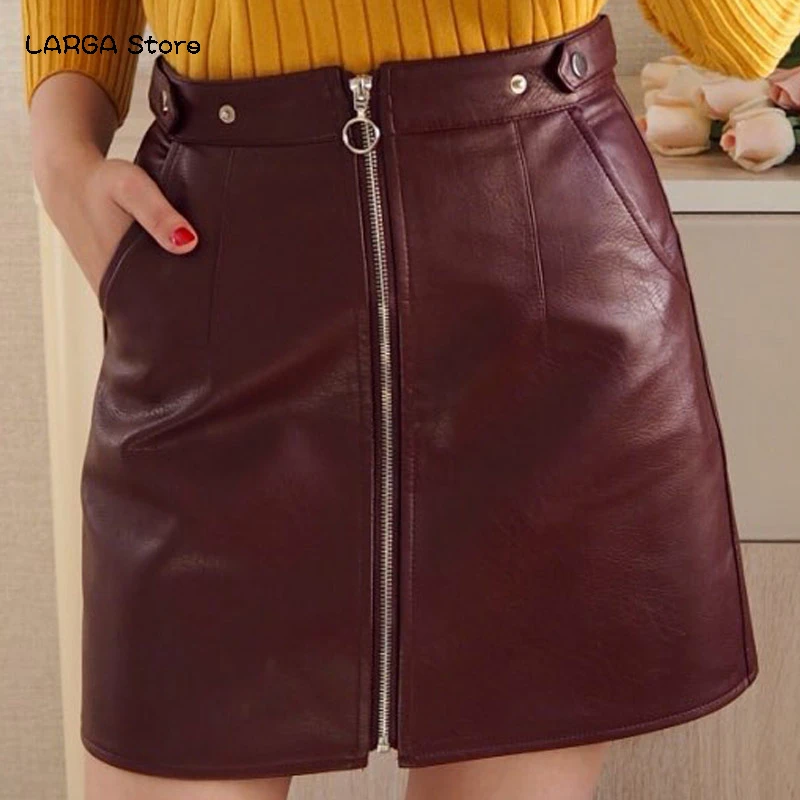 Faldas cortas rojas de estilo europeo y americano para mujer, faldas cortas de cuero PU con bolsillo de cintura alta cremallera, venta al por mayor, nueva moda de primavera|Faldas| - AliExpress