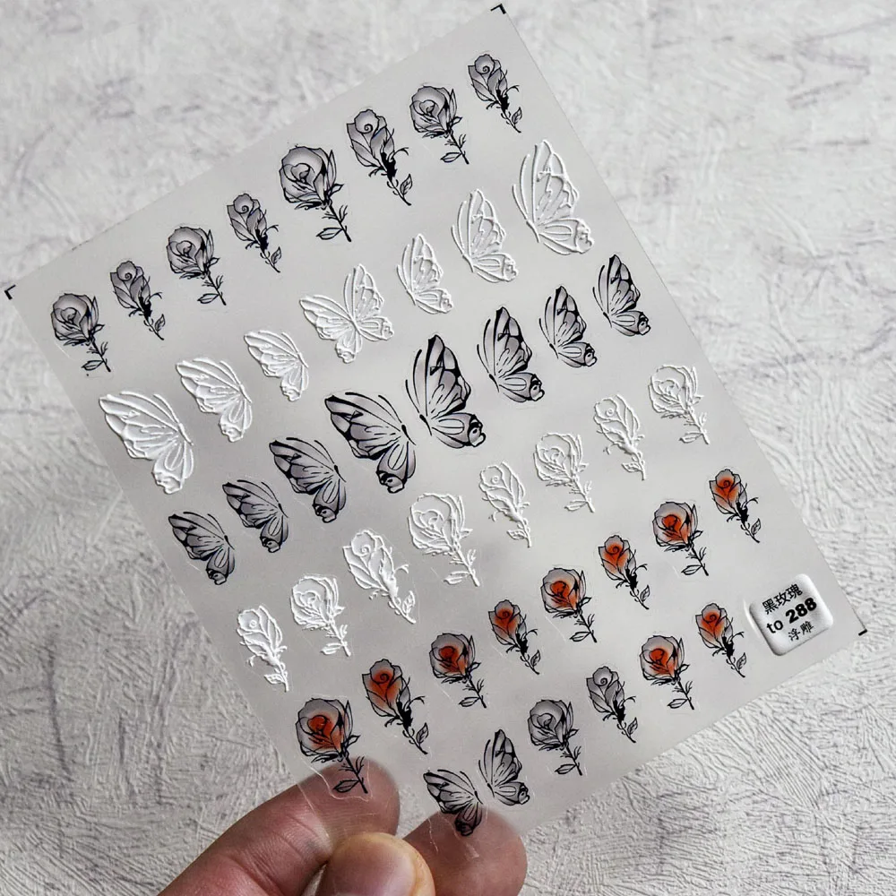 

5D New Embossed Rose Nail Art Sticker White/Black Engraved Big Butterfly Manicure Self-Adhesive Decorations Clear Nail Slider