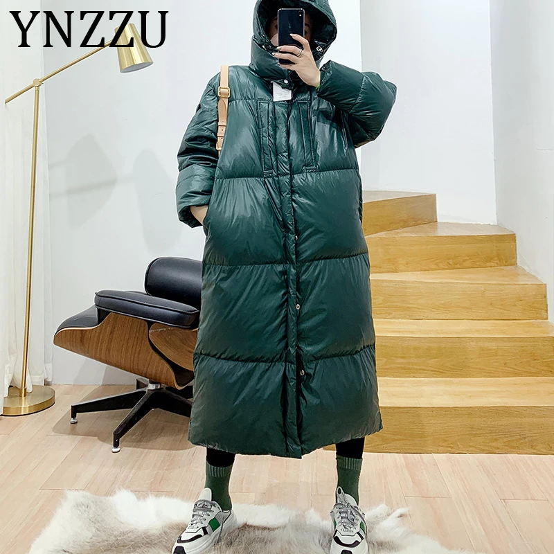 YNZZU однотонное длинное стильное зимнее женское пальто Новинка с капюшоном плотное теплое 90% белое пуховое пальто женская уличная куртка A1387