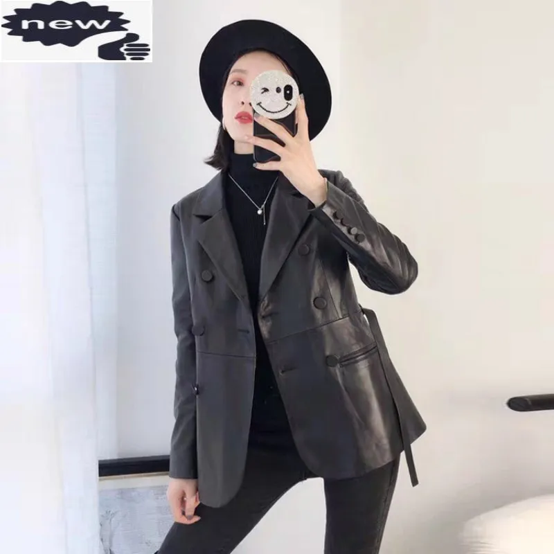 売上格安 Ol 女性のための本革のジャケット フラップ付きの襟 ダブルブレスト ベルト バイクファッション オフィス スリムなアウター 秋 売れ筋格安 Ongoing Southloopmarket Com