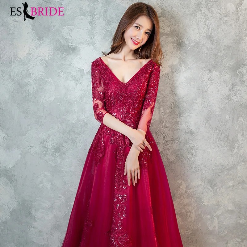 

Red Formal Evening Dresses Long 2019 Backless Sexy V-neck Half Sleeve Wedding Guest Gown Elegant Abito Da Cerimonia ES1403