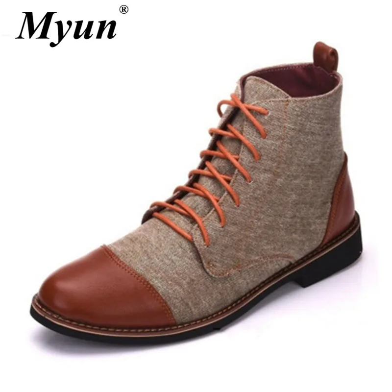 

NEW Autumn Winter Men Chelsea Boots Lace-Up Ankle Boots Male Brand Leather Canvas High Quality Slip Ons Motorcycle Boots