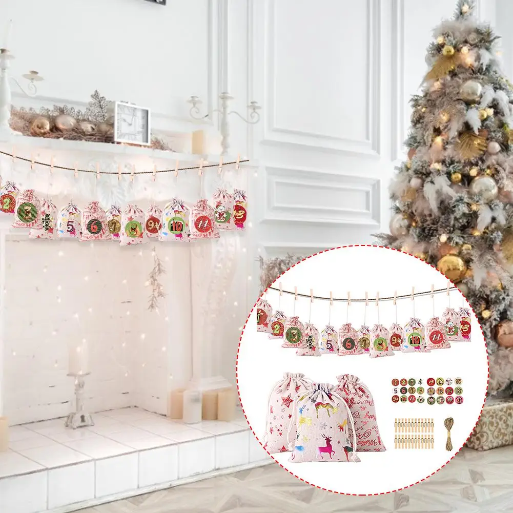

Christmas Advent Calendar Cloth Bags Set 24 Days Christmas Countdown Calendar Candy Gift Drawstring Bags For Home Decor