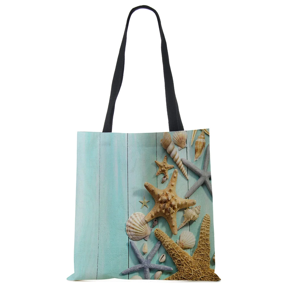 Ladies Shoulder Bag Blue Ocean Starfish Beach Sand Prints Tote Bag Linen Fabric Beautiful Casual Practical Handbag