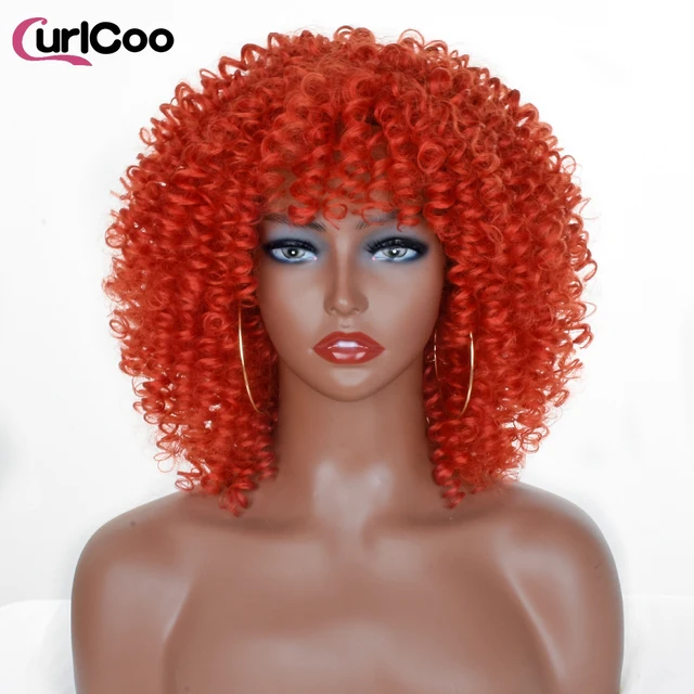 Short Afro Kinky Curly Wigs With Bangs For Black Women Synthetic Ombre Natural Heat Resistant Hair Brown Cosplay Highlight Wigs RED