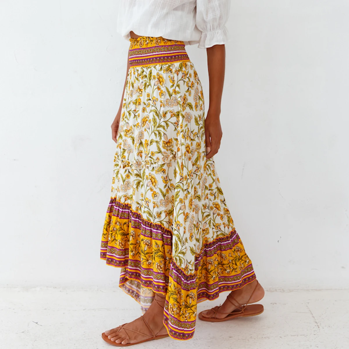 Jastie Vintage Floral Print Skirt Women Summer Boho Long Skirts Elastic Waist Ladies Ethnic