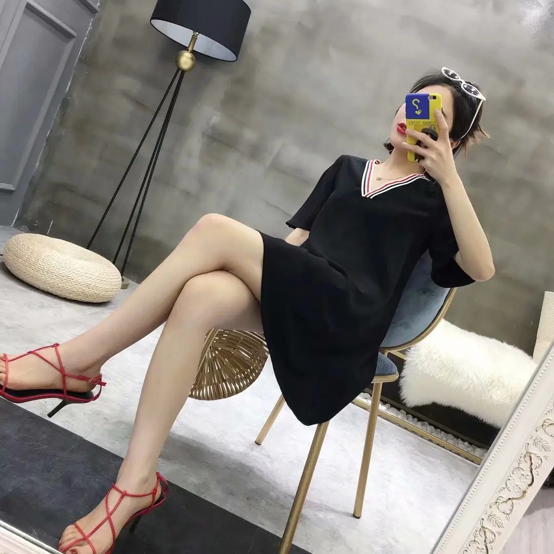 

2018 Summer New Style Europe And America Loose-Fit Webbing V-neck Mixed Colors Short-sleeve Dress Pullover Short Skirt Women's F