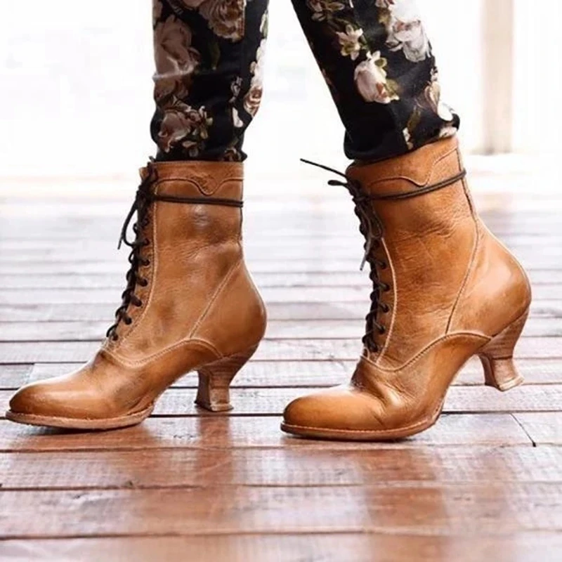 

PUIMENTIUA 2019 Fashion New Winter Women Black Ankle Boots Motorcycle High Heel Lace Up Gothic Punk Platforms Botas Mujer