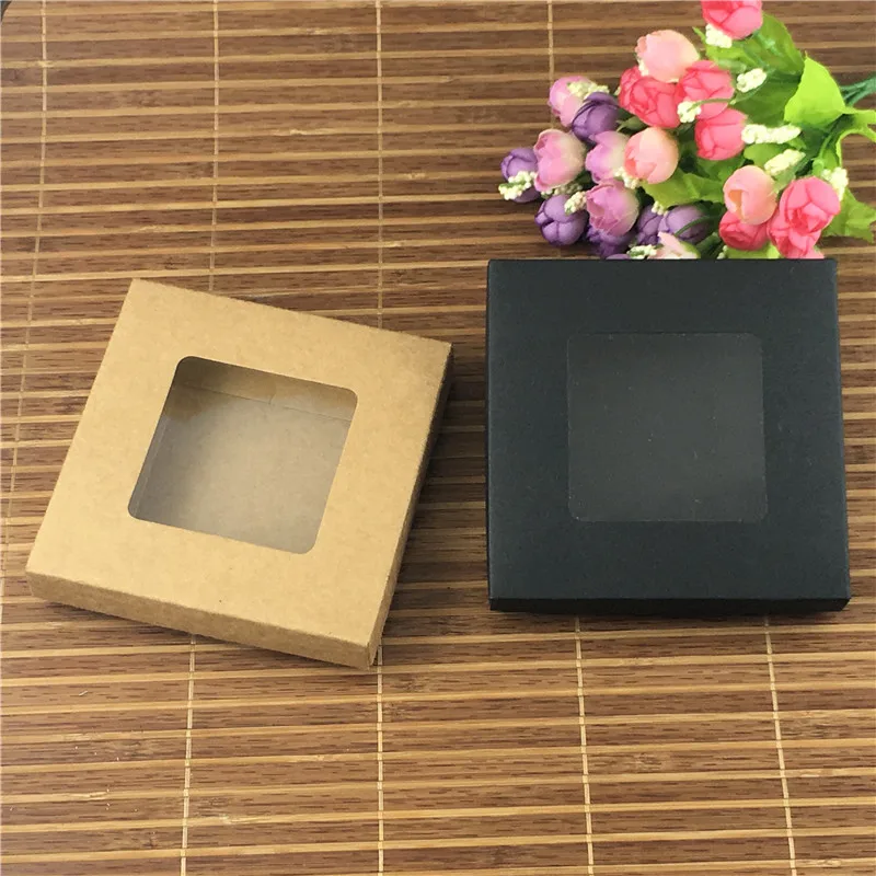 

20Pcs/Lot 12.5x12.5x2.5cm Black Brown Kraft Paper Sunroof Box With Waterproof PVC Square For Dried Flower Small Fruit Green Tea