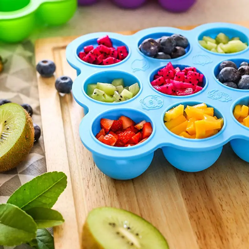 

9 Holes Baby Food Container Supplement Storage Box Silicone Ice Cube Mold with Cover Freezer Crisper Tray