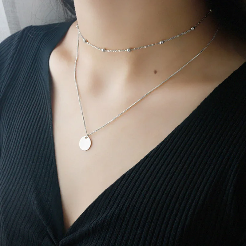 925 Sterling Silver Double Layer Choker Necklace Round Piece Pendant Necklaces Gift for Women Fine Accessories Jewelry
