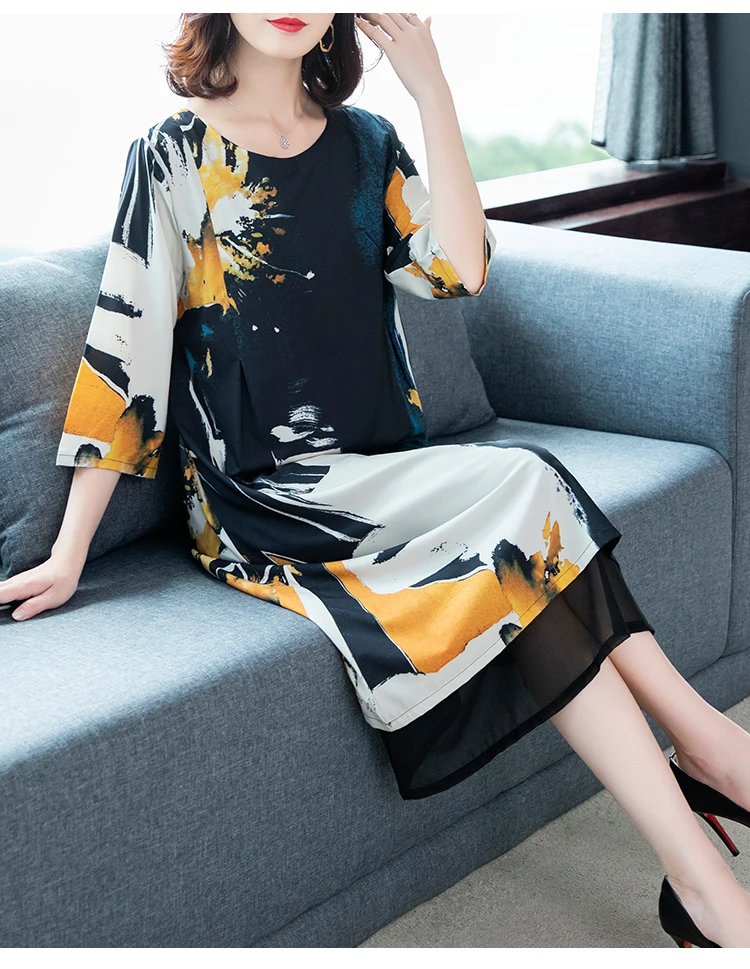 L-4XL S-4XL, модный шифоновый костюм с круглым вырезом, платье длиной до колена, весна, элегантные женские вечерние платья с рукавом 7 точек
