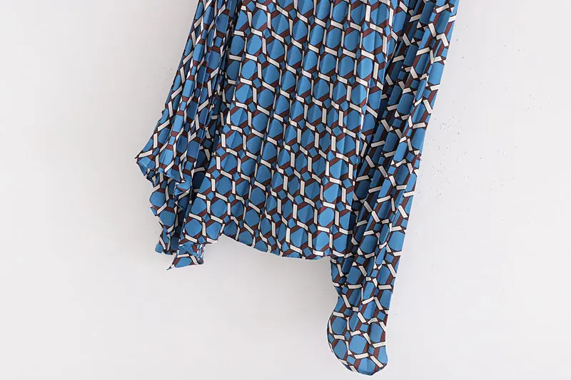 QZ262 European Design Blue Color Geometric Print Pleated Skirt Women's Chic Match All Saias