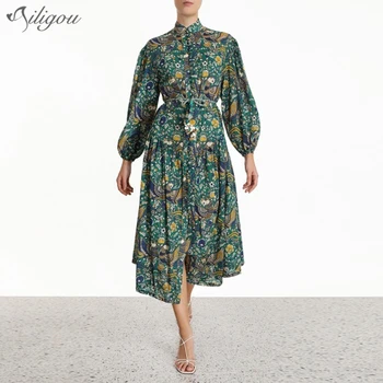 

Ailigou Ladies Retro Stand Collar Printed Casual Long Dress Female Lantern Sleeve Pleated Belt Vestidos Chic Sexy Party Dress