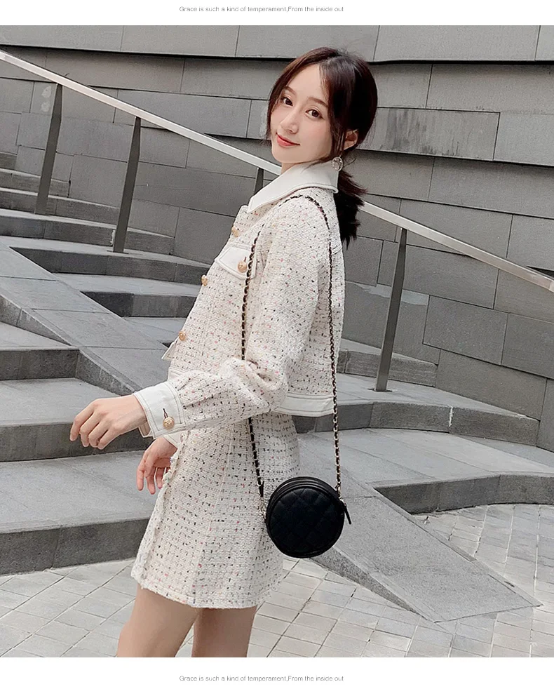 Women Luxury White Tweed 2 Piece Set Fall Winter Beading Peral Tassel Wool Blends Jacket Coat+ Mini Single Breasted Skirt Set
