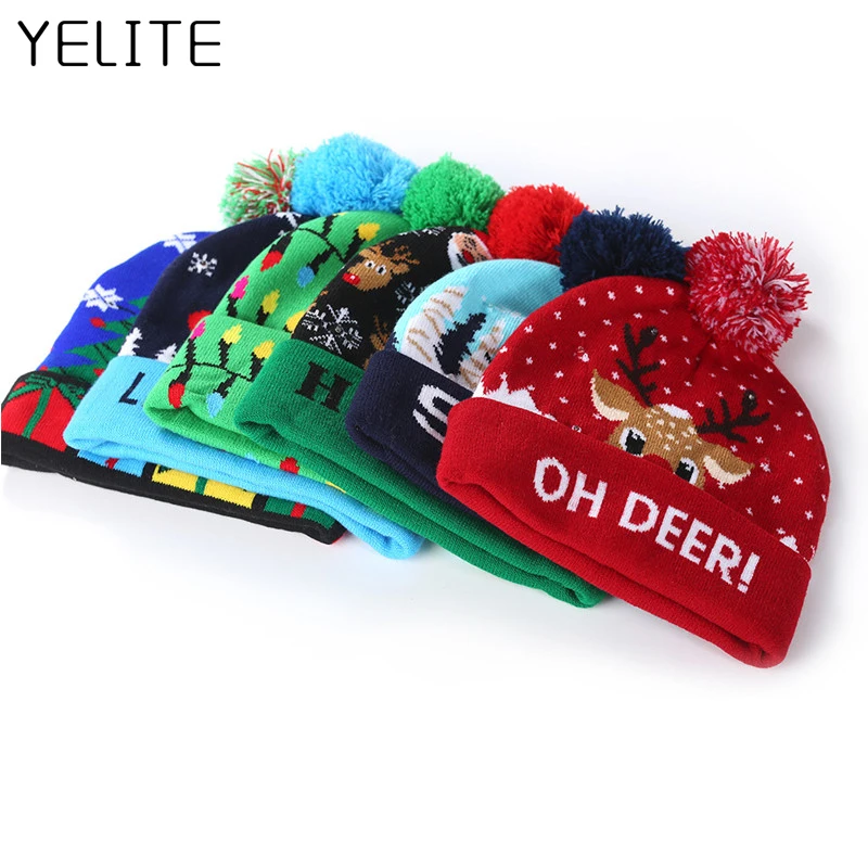 

YELITE LED Light-up Knitted Beanie Xmas Christmas Winter Warm Hats For Women Men Santa Claus Knit Hat Children Skullies Bonnet