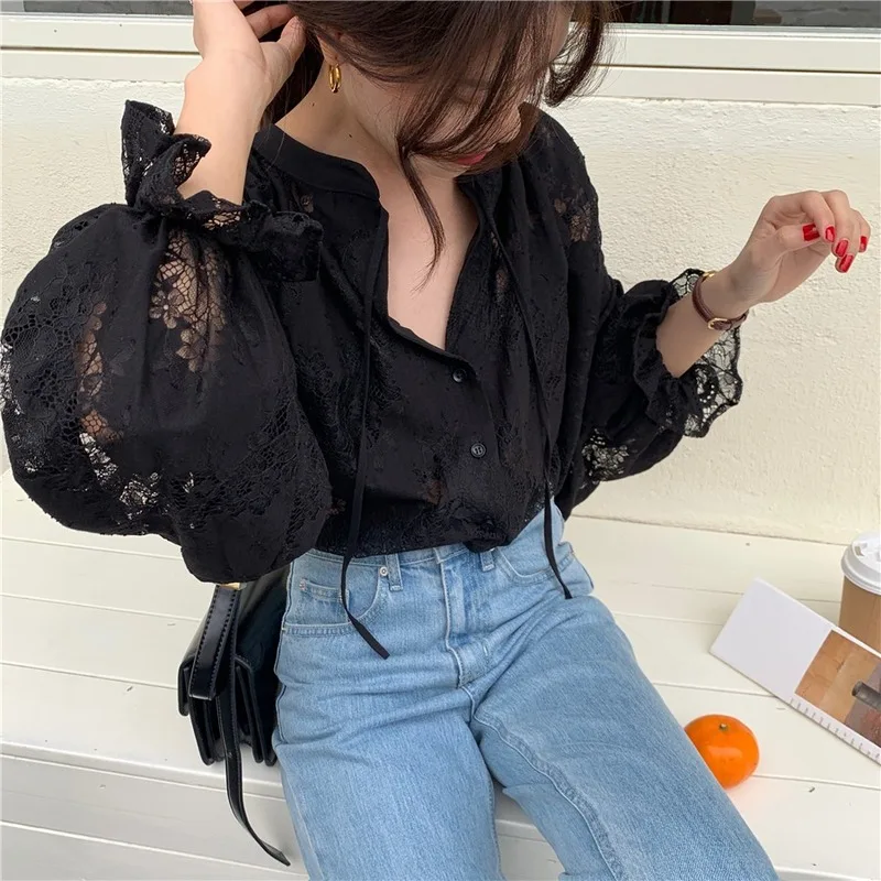 2021 Spring Women Shirts Fashion Carved Lantern Long Sleeve Autumn Black Lace Shirt Tops Loose Blouse Cardigan Clothes 10202 4