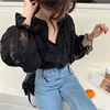 2021 Spring Women Shirts Fashion Carved Lantern Long Sleeve Autumn Black Lace Shirt Tops Loose Blouse Cardigan Clothes 10202 4
