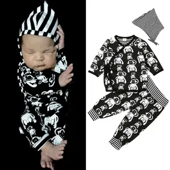 

CANIS Autumn 3Pcs Newborn Baby Boy Girl Clothes Long Sleeve Animal Printed Top T-shirt Striped Pants Cotton Outfit Set