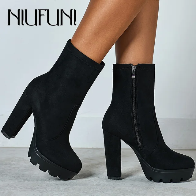 $US $22.46 NIUFUNI 2019 Women Ankle Boots Autumn Round Toe Platform Boots Fashion Black Suede High Heel Shoes 
