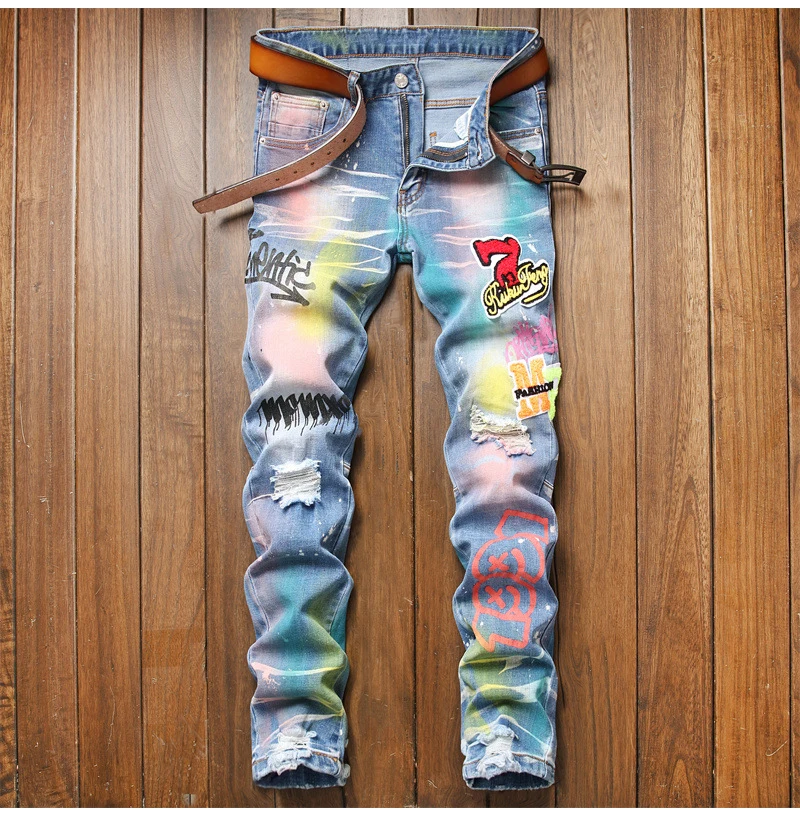 Men's Colored Painted Printed Denim Jeans Fashion Y2K Badge Holes Ripped Pants Patchwork Stretch Trousers grey jeans mens