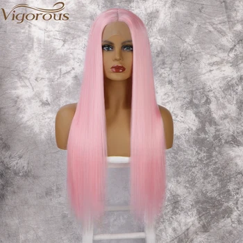 

Vigorous Long Silk Straight Pink Wig Synthetic Lace Front Wigs for Women Natural Middle Parting Black Red Hair