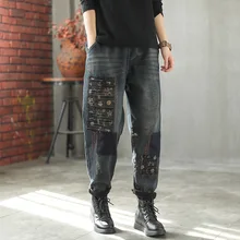 Женские джинсовые брюки в стиле ретро с эластичной резинкой на талии, женские свободные плотные джинсы, флисовые джинсовые брюки, джинсы, женские брюки